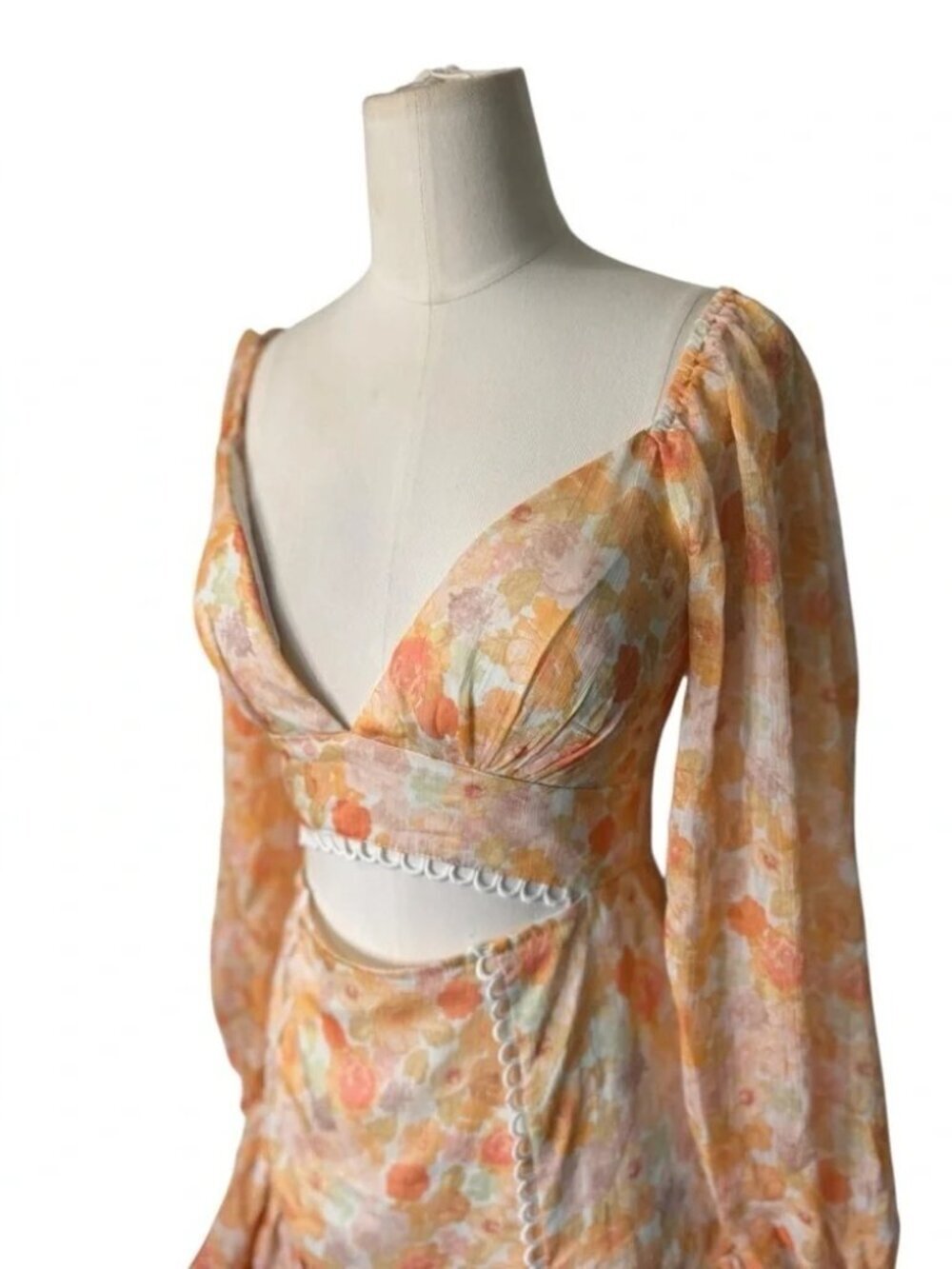 Saints + Secrets Floral Cut-Out Mini Dress Size Small | Puff Sleeve Ruffle Dress - Picture 5 of 8